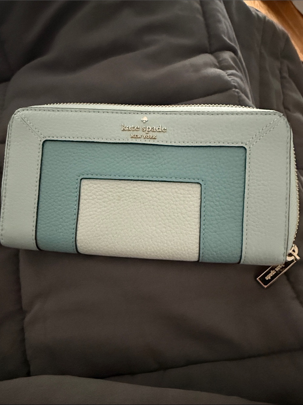 kate spade Colorblock Leather Zip Wallet in Light Blue and White
